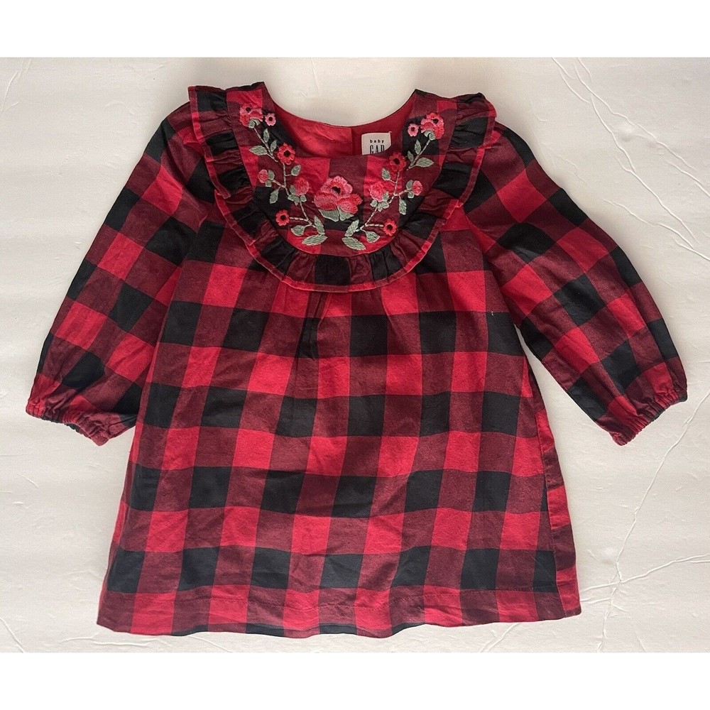 Gap Dress Baby Girl 12 18m Red Buffalo Plaid Embroidered Ruffles Lined New